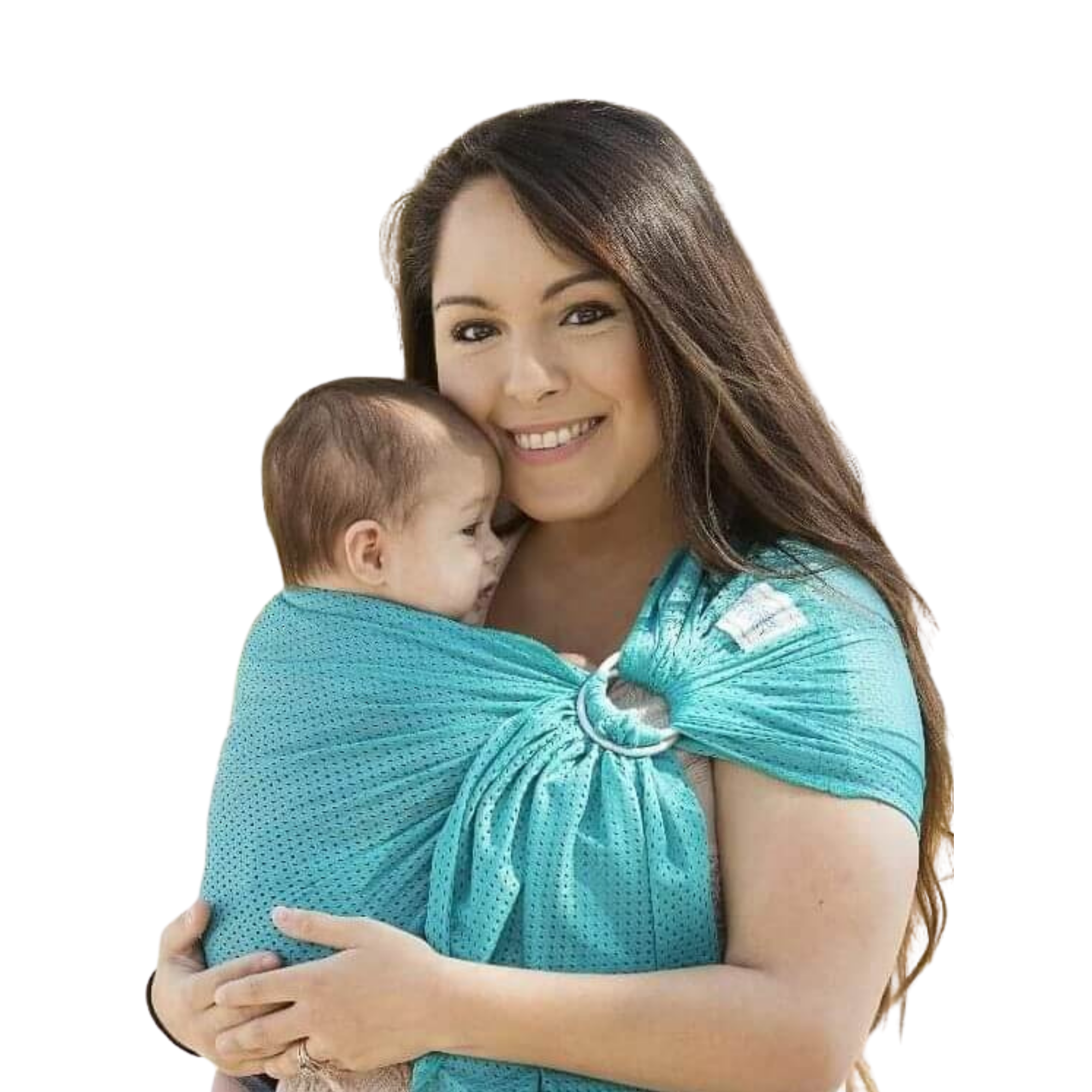 Parent wearing a Beachfront Baby Water Ring Sling, designed for lightweight, quick-drying babywearing during water activities.
