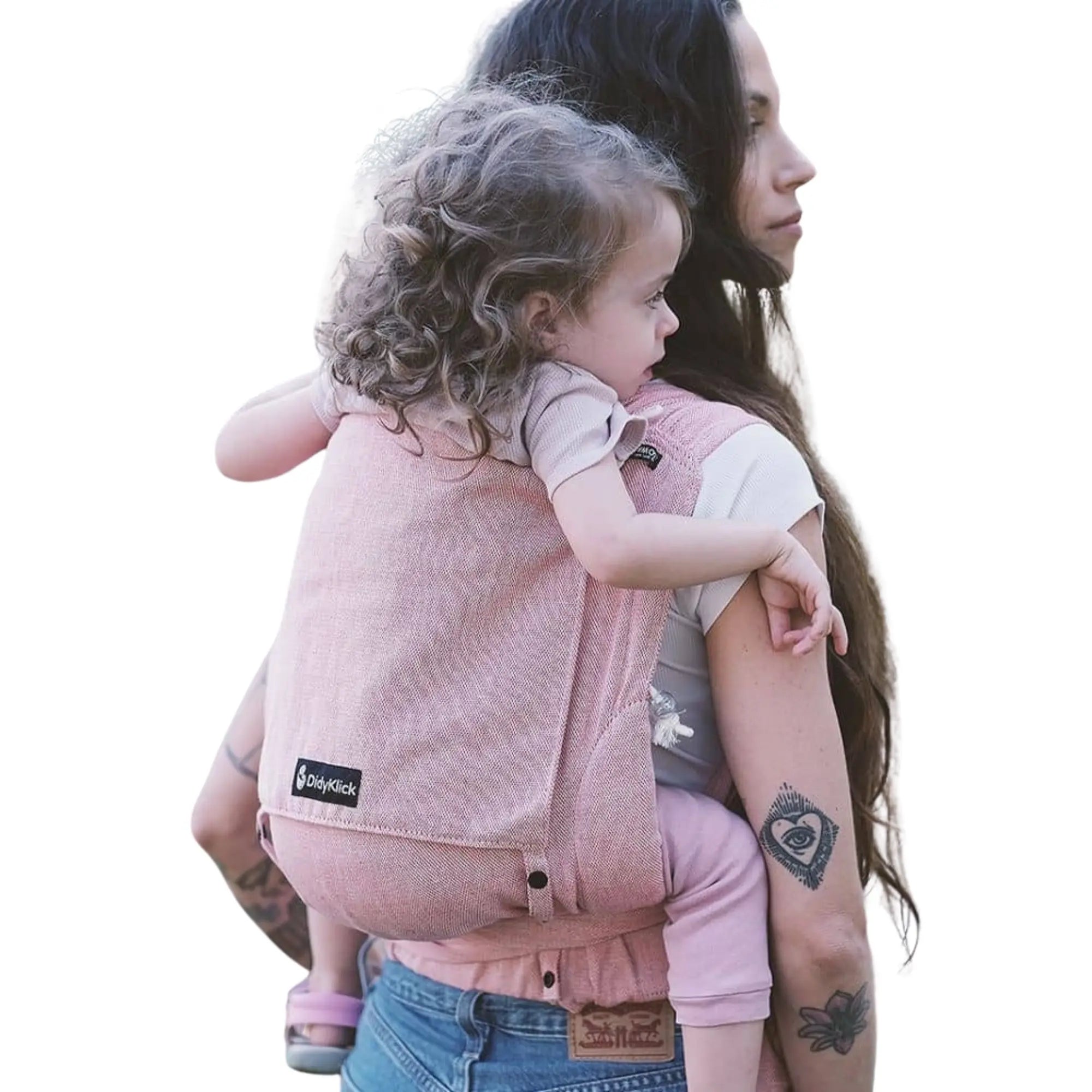 Mother wearing a DidyKlick 4u Toddler half buckle carrier, featuring wide wrap-style shoulder straps and a secure buckle waistband for ergonomic toddler carrying.