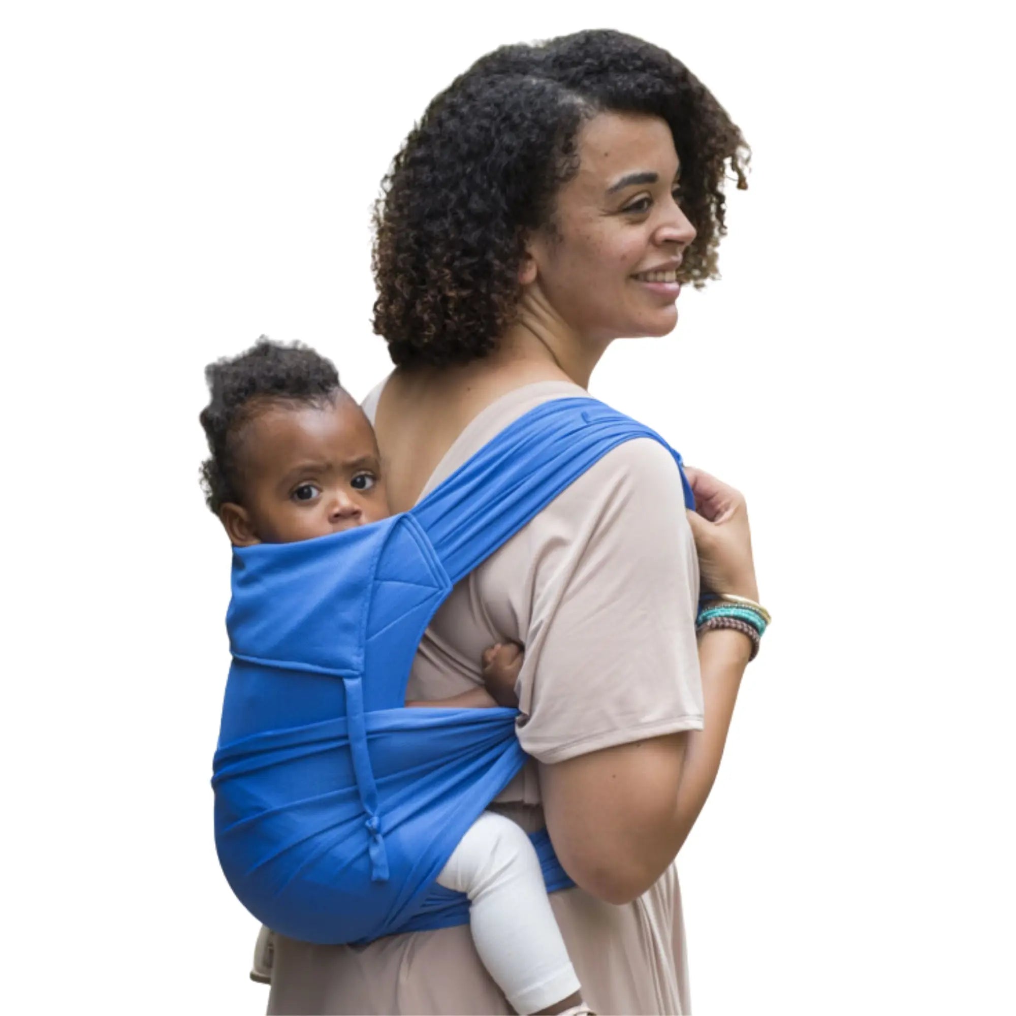 half buckle baby carrier carrying an infant worn on a medium-dark skinned woman's back 