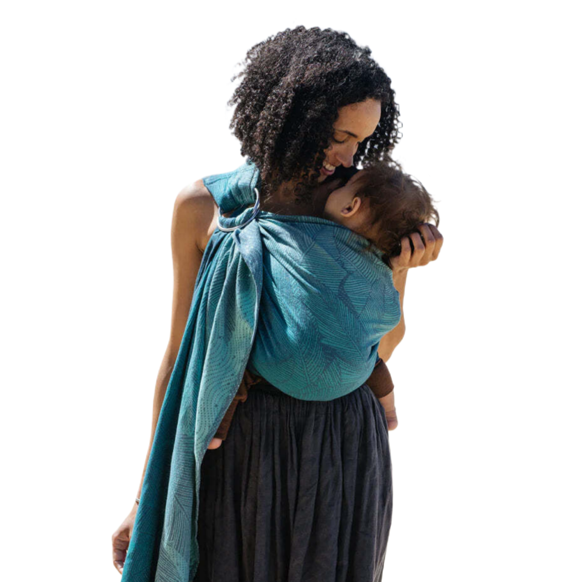 A mother wearing a baby in a beautifully woven Oscha ring sling, featuring intricate patterns in rich, vibrant colors. The ring sling is made from soft, premium fabric, offering comfort and support while showcasing the elegant design