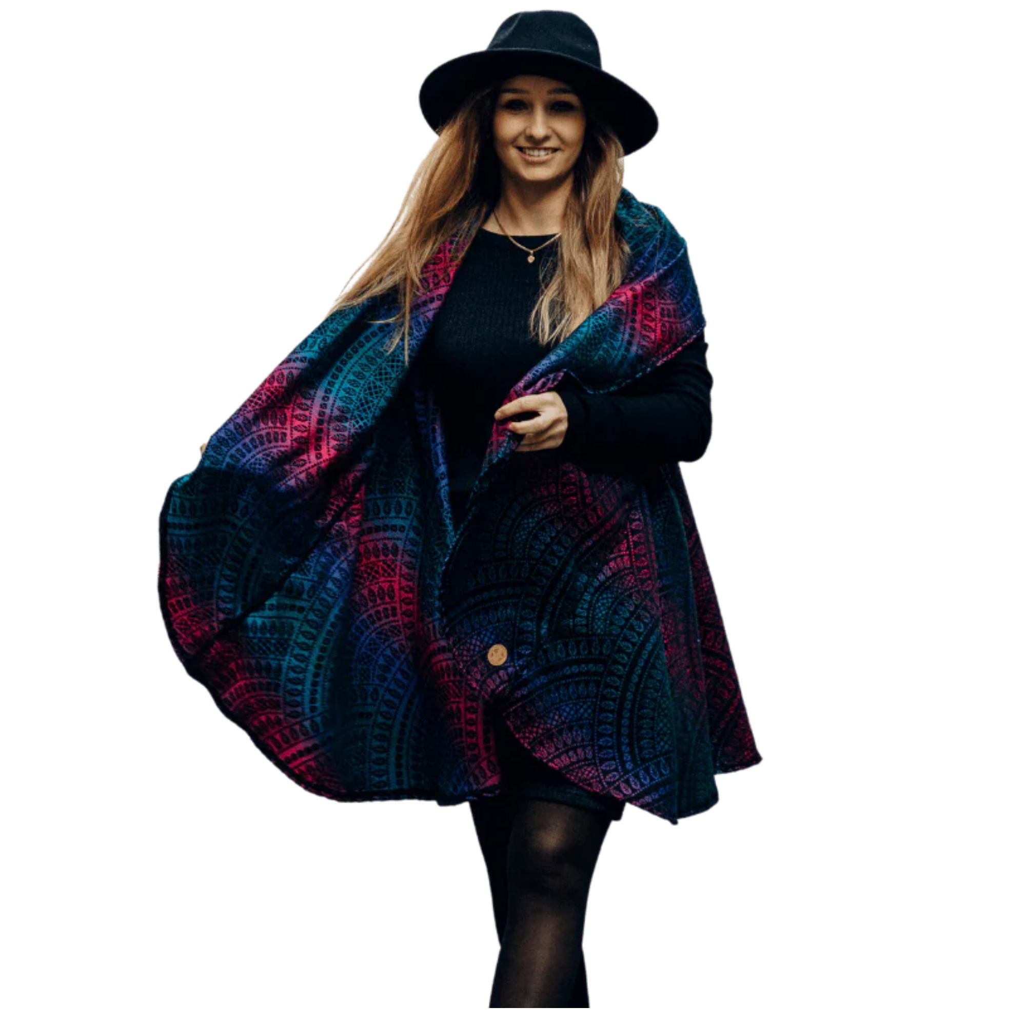 woman wearing a babywearing long cardigan, showcasing its versatile design for pregnancy, babywearing, or everyday wear