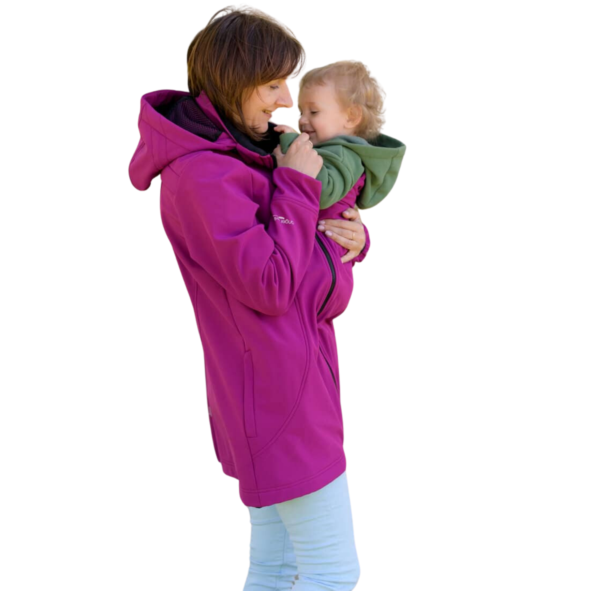 a softshell babywearing jacket, showcasing eco-friendly, lightweight design for front or back baby carrying