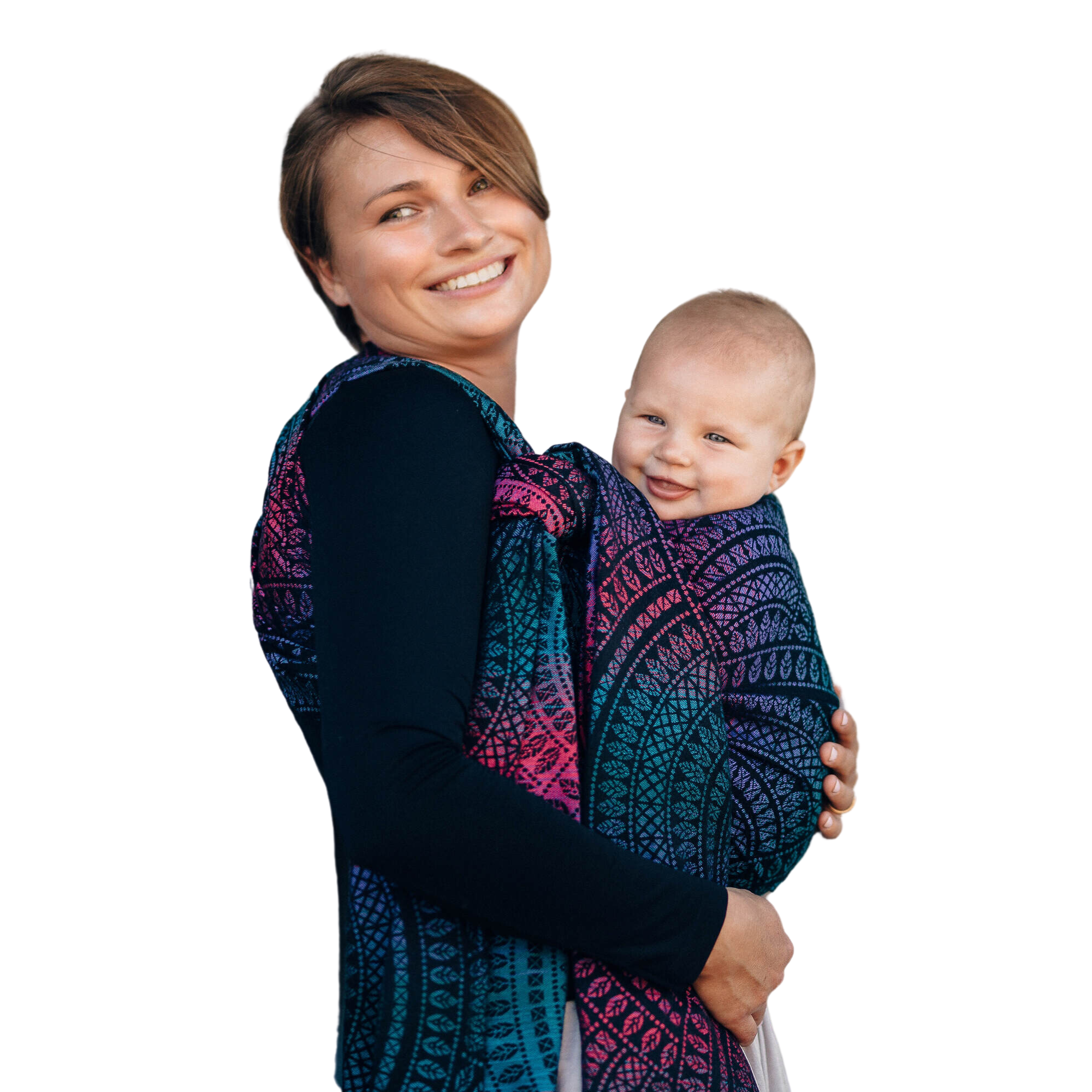 LennyLamb woven wrap, hand-sewn in Poland, featuring a parent wearing her baby in a comfortable and stylish design.