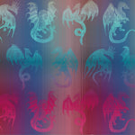 Pattern of stylized dragons in blue and pink on a gradient background
