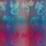 Pattern of stylized dragons in blue and pink on a gradient background