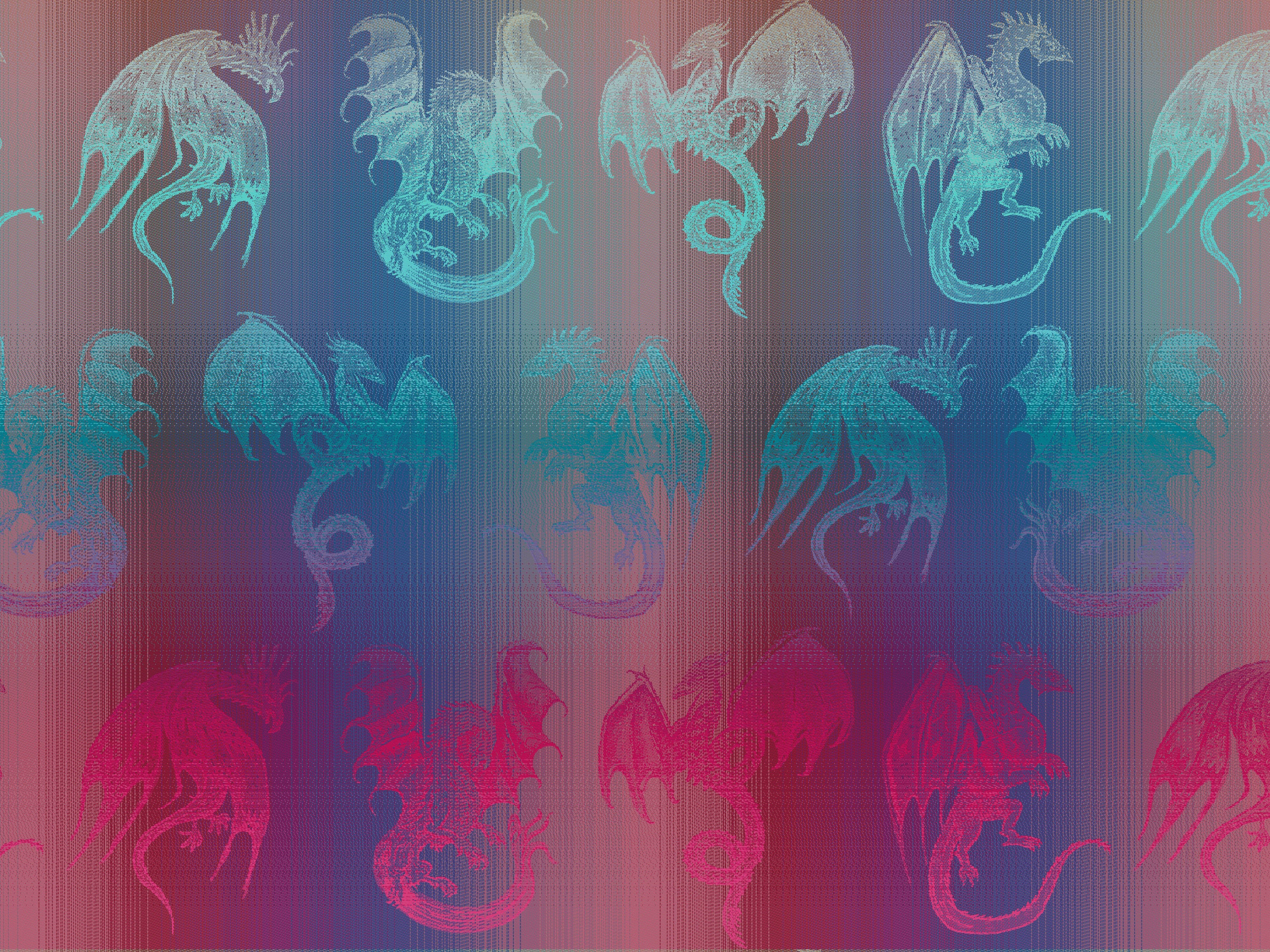 Pattern of stylized dragons in blue and pink on a gradient background