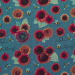 Decorative pattern with stylized figures and foliage and skulls on a orange background