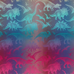 Pattern of colorful dinosaurs on a striped background