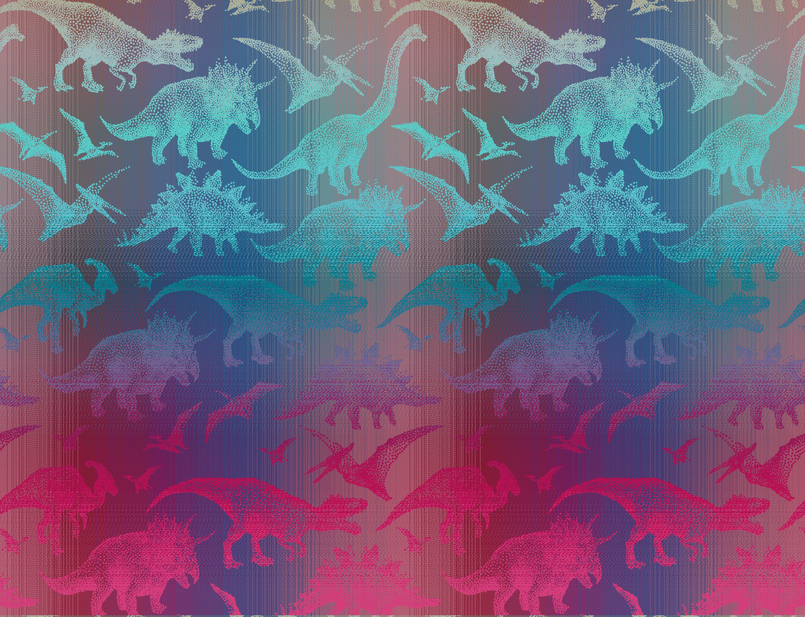 Pattern of colorful dinosaurs on a striped background