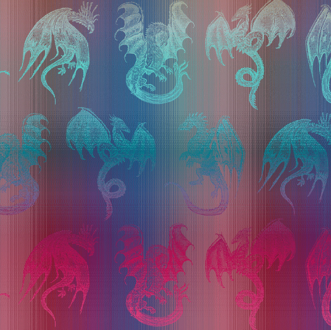 Pattern of stylized dragons in blue, green, and pink on a dark background