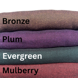 Stack of fabric swatches labeled 'Bronze', 'Plum', 'Evergreen', and 'Mulberry' on a white background.

Details
