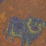 A close-up of a woven fabric pattern featuring a dark bull silhouette over a warm brown and orange textured background.