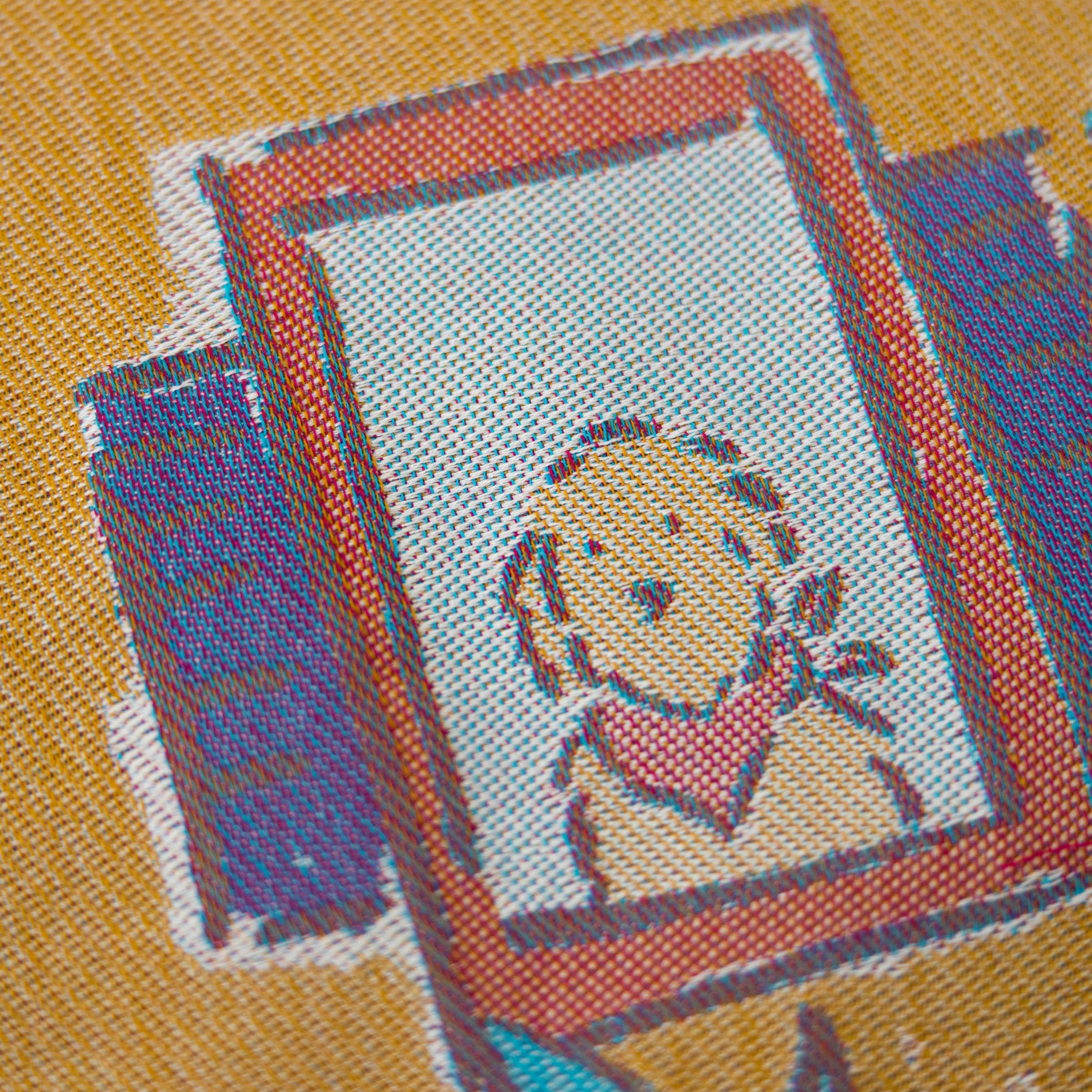 Floral and decorative pattern with dog illustrations on a yellow background