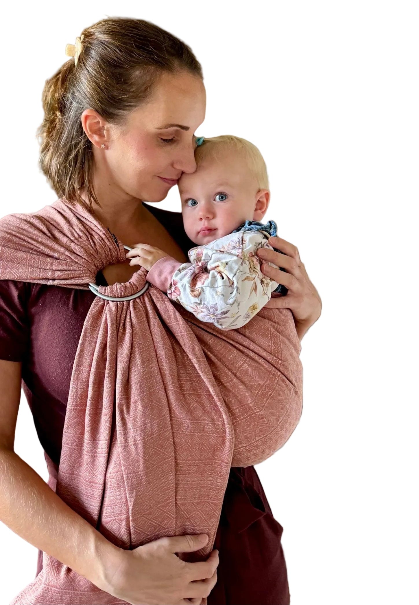 Prima Rosewood DidySling Ring Sling by Didymos, front carry showing the aluminium rings