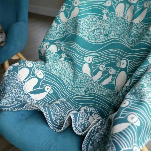 Puffins Bass Rock Brushed Cotton Blanket by Oscha Home Hobby