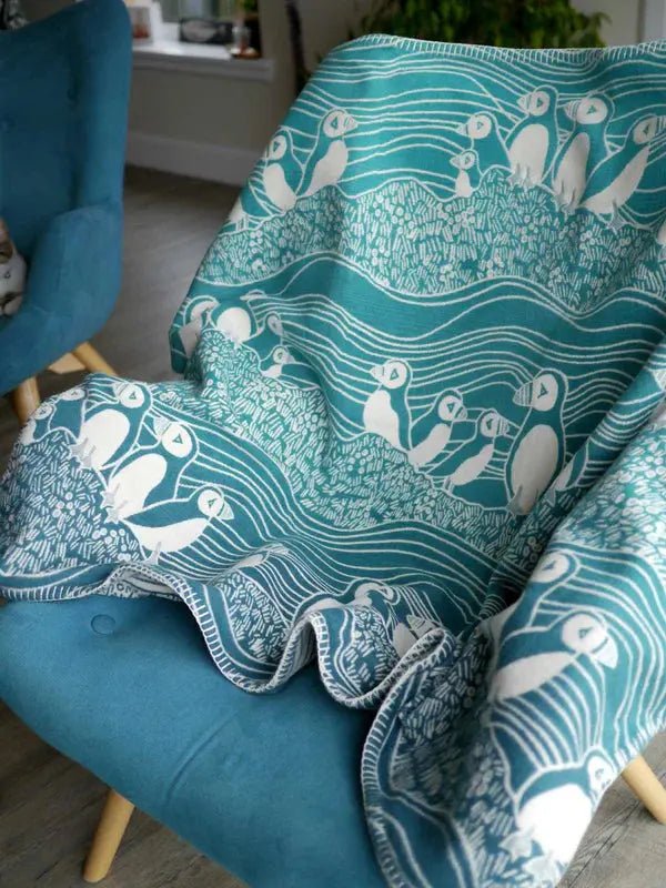 Puffins Bass Rock Brushed Cotton Blanket by Oscha Home Hobby