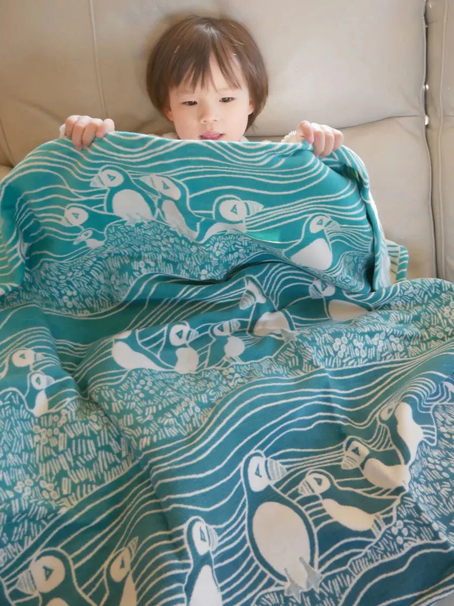Puffins Bass Rock Brushed Cotton Blanket by Oscha Home Hobby