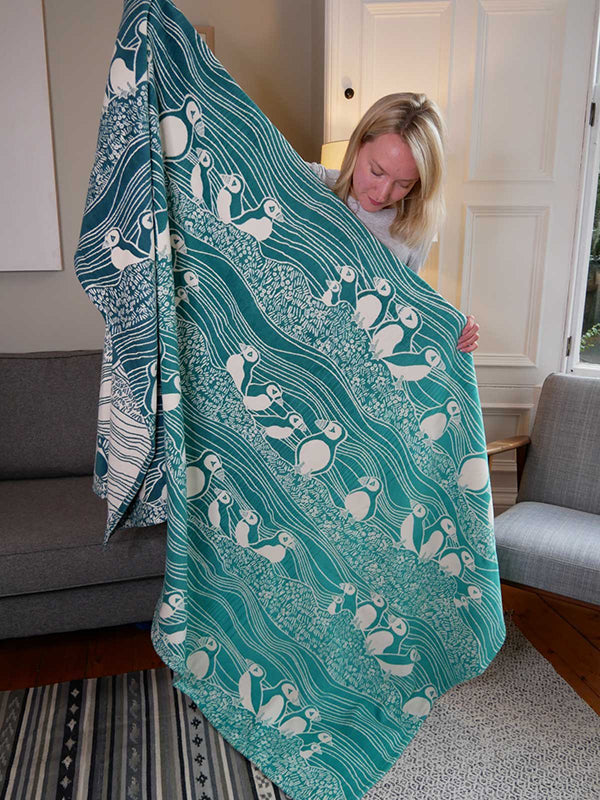 Puffins Bass Rock Brushed Cotton Throw by Oscha Oscha at Little Zen One