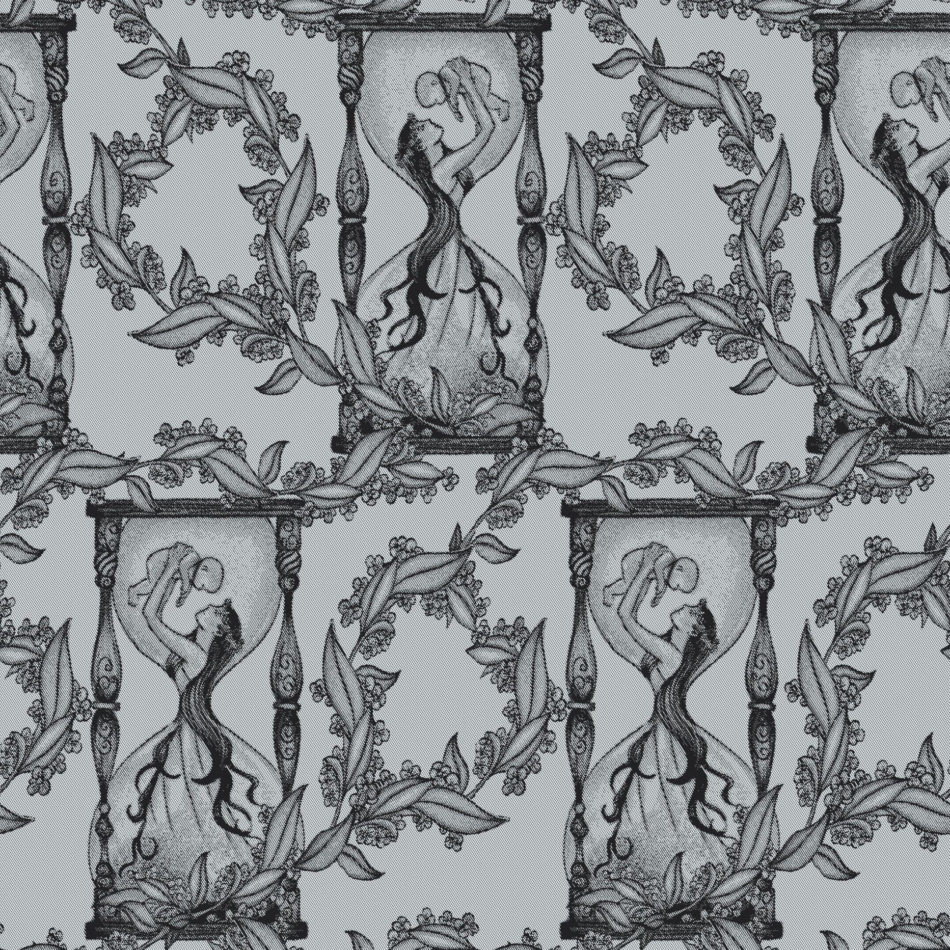 Decorative pattern with stylized figures and foliage on a light gray background