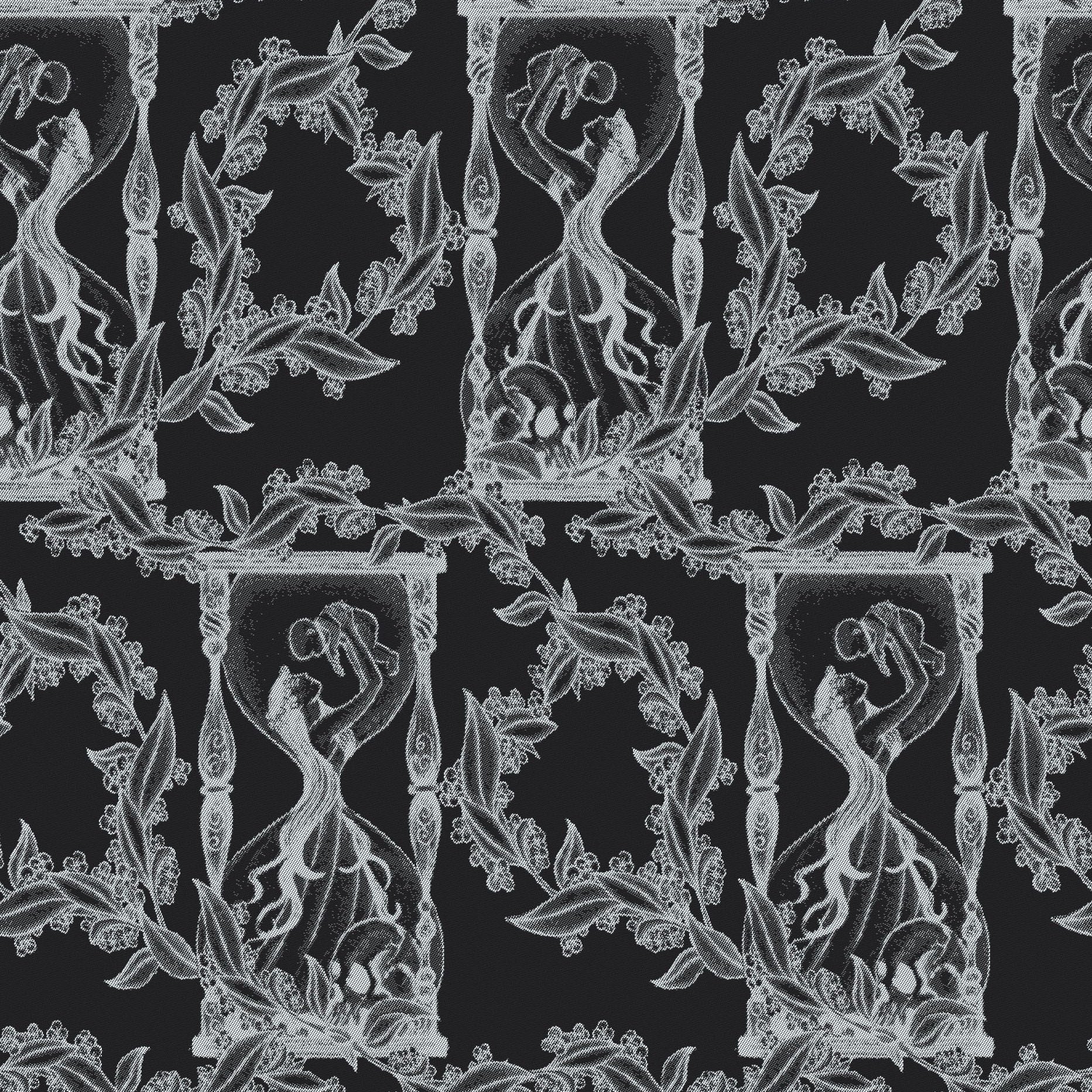Decorative pattern with white silhouettes of figures and foliage and skulls on a black background