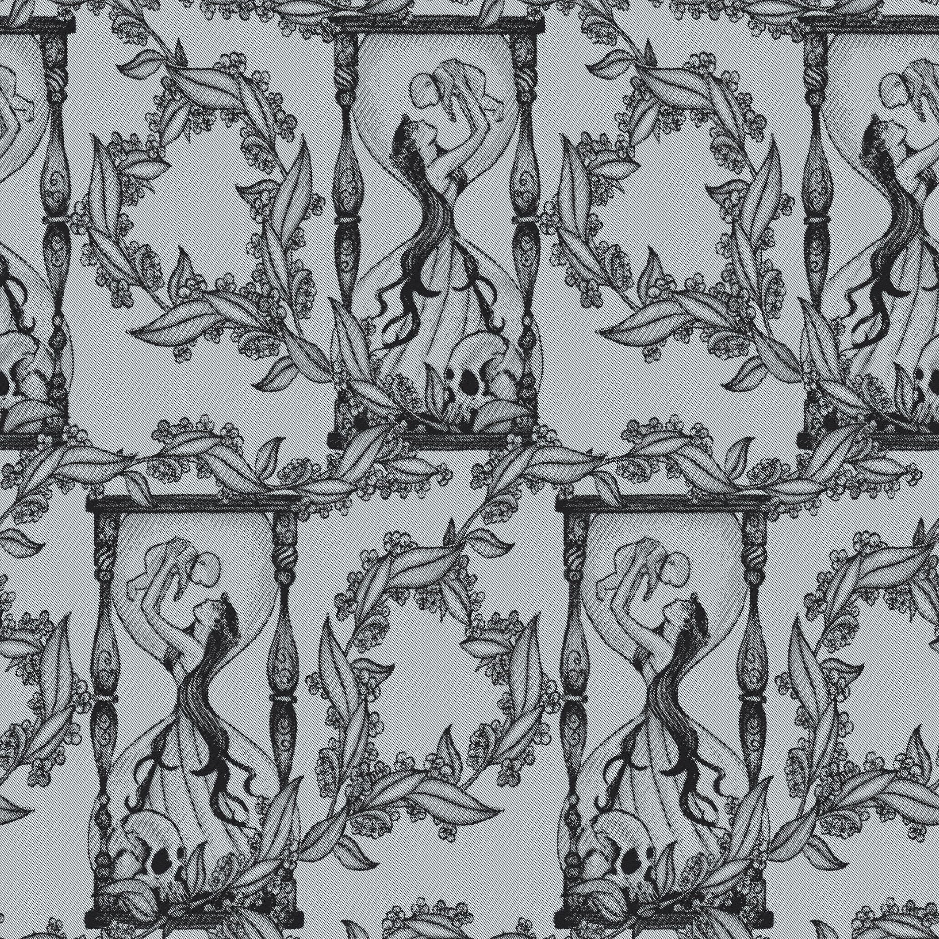 Decorative pattern with stylized figures and foliage and skulls on a white background