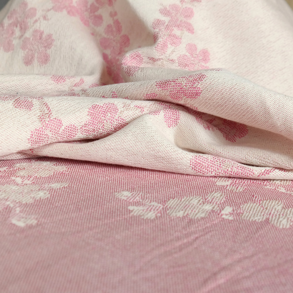 Close-up of pink floral fabric with a soft texture