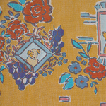 Floral and decorative pattern with dog illustrations on a yellow background