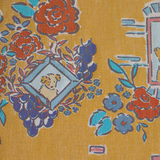 Floral and decorative pattern with dog illustrations on a yellow background